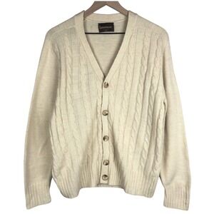 VTG LAHMAR Cardigan Sweater‎ Men's Sz M Cream Button V-Neck 70s Cable Knit L/S